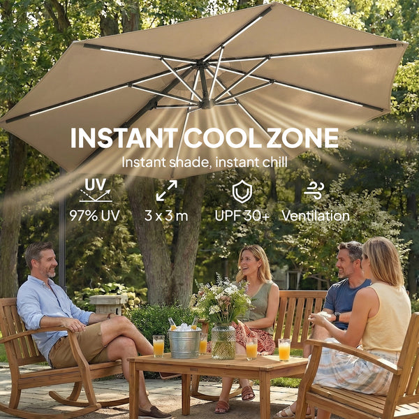 3 m Garden Cantilever Parasol with LED Solar Light, Round Overhanging Umbrella with 6-Position 360° Rotation, Crank Handle, Tilt, Cover, Banana Patio Umbrella for Outdoor Sun Shade, Khaki