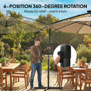 3 m Garden Cantilever Parasol with LED Solar Light, Round Overhanging Umbrella with 6-Position 360° Rotation, Crank Handle, Tilt, Cover, Banana Patio Umbrella for Outdoor Sun Shade, Khaki