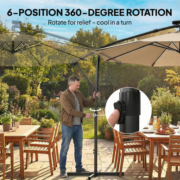 3 m Garden Cantilever Parasol with LED Solar Light, Round Overhanging Umbrella with 6-Position 360° Rotation, Crank Handle, Tilt, Cover, Banana Patio Umbrella for Outdoor Sun Shade, Khaki