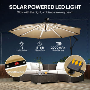3 m Garden Cantilever Parasol with LED Solar Light, Round Overhanging Umbrella with 6-Position 360° Rotation, Crank Handle, Tilt, Cover, Banana Patio Umbrella for Outdoor Sun Shade, Khaki