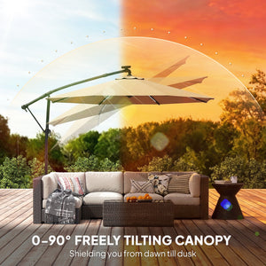 3 m Garden Cantilever Parasol with LED Solar Light, Round Overhanging Umbrella with 6-Position 360° Rotation, Crank Handle, Tilt, Cover, Banana Patio Umbrella for Outdoor Sun Shade, Khaki