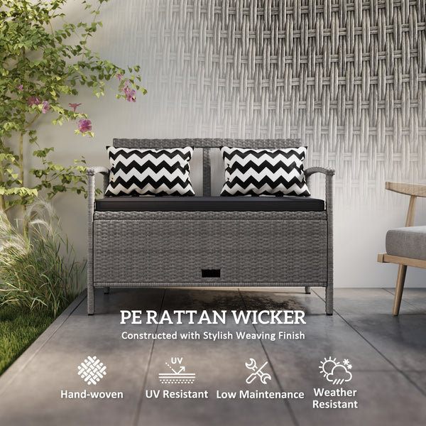 2 Seater Garden Storage Bench with 160L Capacity, PE Rattan Garden Bench with Storage, Wicker Outdoor Bench Loveseat with Cushion, Pillows and Steel Frame for Patio, Grey