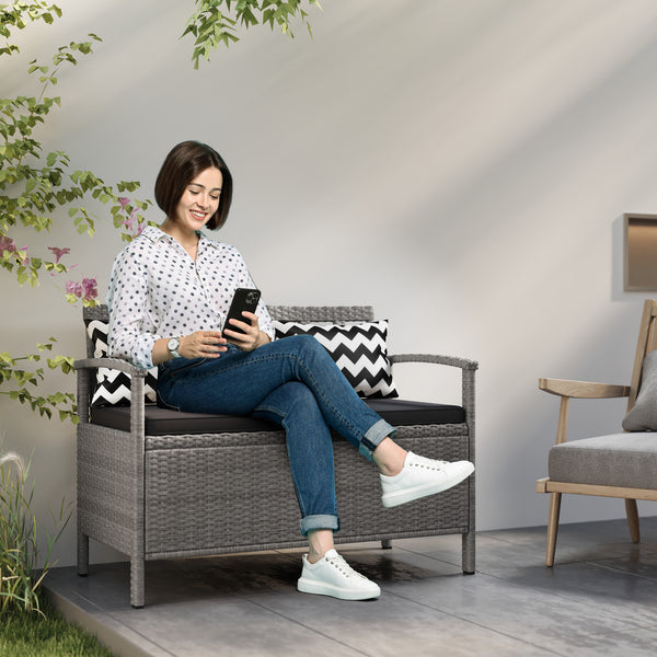 2 Seater Garden Storage Bench with 160L Capacity, PE Rattan Garden Bench with Storage, Wicker Outdoor Bench Loveseat with Cushion, Pillows and Steel Frame for Patio, Grey
