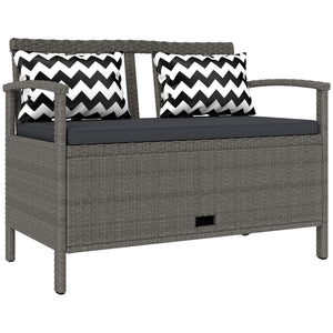 2 Seater Garden Storage Bench with 160L Capacity, PE Rattan Garden Bench with Storage, Wicker Outdoor Bench Loveseat with Cushion, Pillows and Steel Frame for Patio, Grey