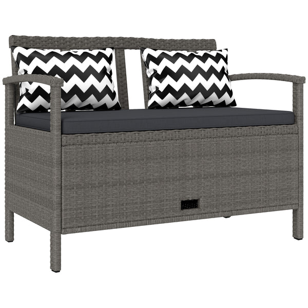 2 Seater Garden Storage Bench with 160L Capacity, PE Rattan Garden Bench with Storage, Wicker Outdoor Bench Loveseat with Cushion, Pillows and Steel Frame for Patio, Grey