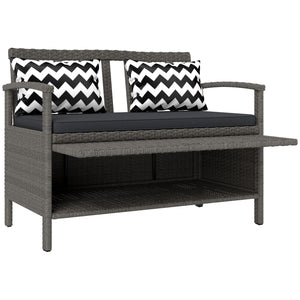 2 Seater Garden Storage Bench with 160L Capacity, PE Rattan Garden Bench with Storage, Wicker Outdoor Bench Loveseat with Cushion, Pillows and Steel Frame for Patio, Grey