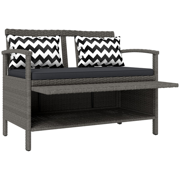 2 Seater Garden Storage Bench with 160L Capacity, PE Rattan Garden Bench with Storage, Wicker Outdoor Bench Loveseat with Cushion, Pillows and Steel Frame for Patio, Grey