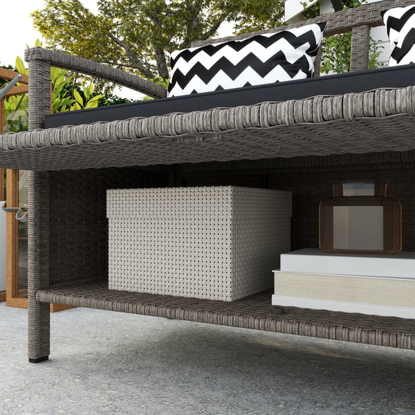 2 Seater Garden Storage Bench with 160L Capacity, PE Rattan Garden Bench with Storage, Wicker Outdoor Bench Loveseat with Cushion, Pillows and Steel Frame for Patio, Grey