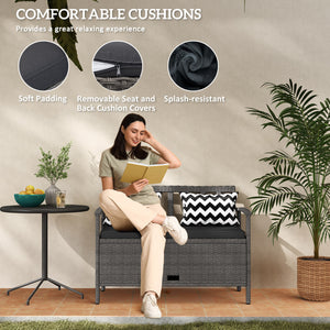 2 Seater Garden Storage Bench with 160L Capacity, PE Rattan Garden Bench with Storage, Wicker Outdoor Bench Loveseat with Cushion, Pillows and Steel Frame for Patio, Grey