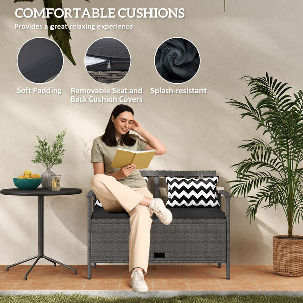 2 Seater Garden Storage Bench with 160L Capacity, PE Rattan Garden Bench with Storage, Wicker Outdoor Bench Loveseat with Cushion, Pillows and Steel Frame for Patio, Grey