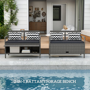 2 Seater Garden Storage Bench with 160L Capacity, PE Rattan Garden Bench with Storage, Wicker Outdoor Bench Loveseat with Cushion, Pillows and Steel Frame for Patio, Grey