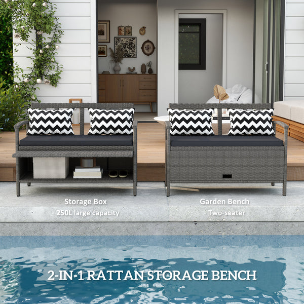 2 Seater Garden Storage Bench with 160L Capacity, PE Rattan Garden Bench with Storage, Wicker Outdoor Bench Loveseat with Cushion, Pillows and Steel Frame for Patio, Grey