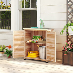 Garden Storage Cabinet, Outdoor Potting Bench Table with Metal Tabletop and Shelf, Wooden Tool Shed with Double Doors, Natural