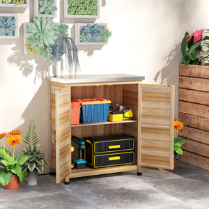 Garden Storage Cabinet, Outdoor Potting Bench Table with Metal Tabletop and Shelf, Wooden Tool Shed with Double Doors, Natural