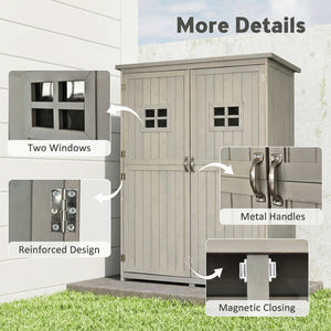 Wooden shed with features highlighted, including windows, handles, and a reinforced design.