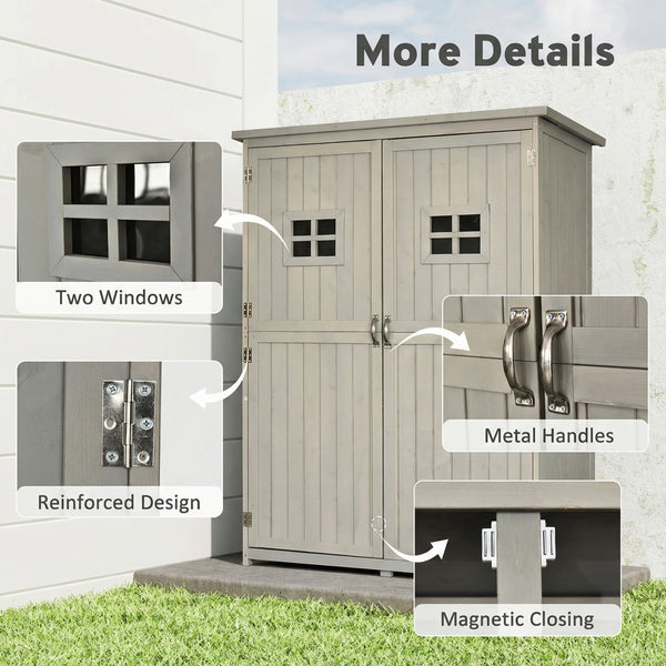 Wooden shed with features highlighted, including windows, handles, and a reinforced design.