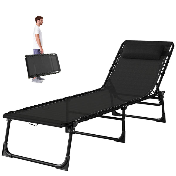 Folding Chaise Lounge Chair, Patio Sun Tanning Chair, Outdoor Chaise Lounger with 4-Position Reclining Back, Breathable Mesh Seat for Beach, Poolside, Yard, Black