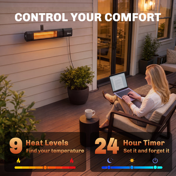 2000 W Electric Infrared Patio Heater, Wall Mounted IP65 Waterproof Outdoor Garden Heater with APP/Touch/Remote Control, 9 Heat Settings, 24H Timer for Indoor & Outdoor, Black