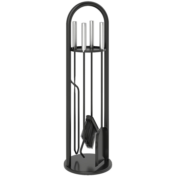 Fireplace Tools Set 5 Pieces Metal Fire Place Kit, Outdoor Indoor Fireside Accessories with Brush, Shovel, Poker, A Pair of Tongs, Stand, Silver