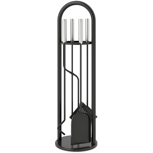Fireplace Tools Set 5 Pieces Metal Fire Place Kit, Outdoor Indoor Fireside Accessories with Brush, Shovel, Poker, A Pair of Tongs, Stand, Silver