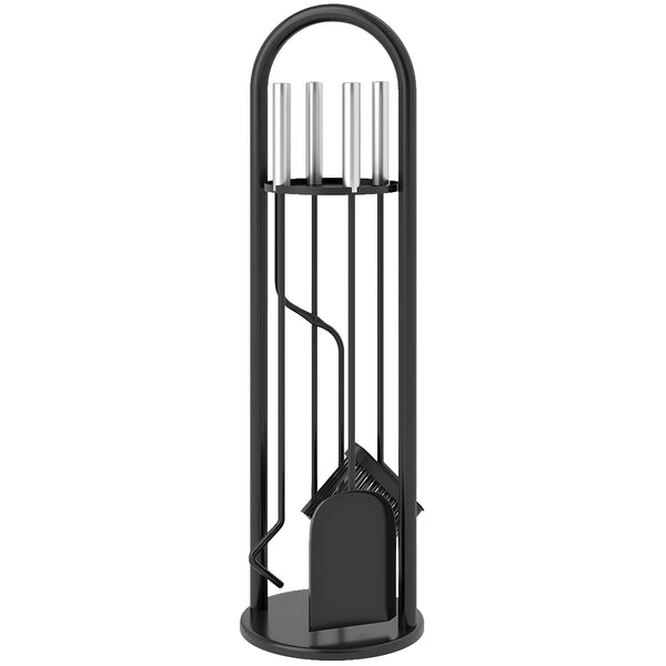 Fireplace Tools Set 5 Pieces Metal Fire Place Kit, Outdoor Indoor Fireside Accessories with Brush, Shovel, Poker, A Pair of Tongs, Stand, Silver