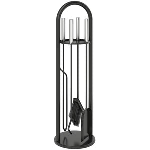 Fireplace Tools Set 5 Pieces Metal Fire Place Kit, Outdoor Indoor Fireside Accessories with Brush, Shovel, Poker, A Pair of Tongs, Stand, Silver