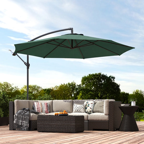 3(m) Garden Banana Parasol Hanging Cantilever Umbrella with Crank Handle, 8 Ribs and Cross Base for Outdoor, Sun Shade, Dark Green