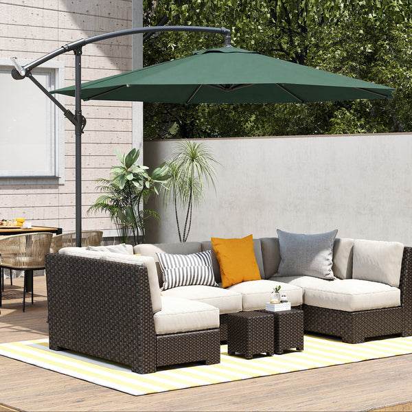 3(m) Garden Banana Parasol Hanging Cantilever Umbrella with Crank Handle, 8 Ribs and Cross Base for Outdoor, Sun Shade, Dark Green