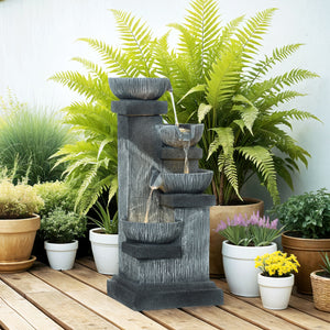 Outsunny 33.5" Tall Outdoor Water Fountain, 4-Tier Floor Standing Resin Cascading Bowls Waterfall Fountain with LED Lights, Pump for Garden, Patio, Backyard