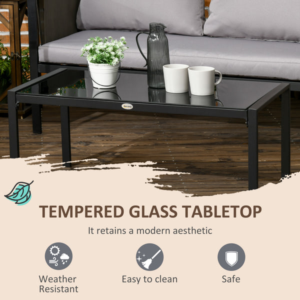 4 Piece Metal Garden Furniture Set with Tempered Glass Coffee Table, Texteline Pocket, Outdoor Set Loveseat Single Armchairs with Padded Cushions, Light Grey