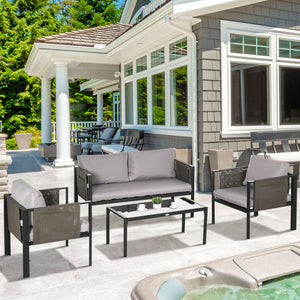 4 Piece Metal Garden Furniture Set with Tempered Glass Coffee Table, Texteline Pocket, Outdoor Set Loveseat Single Armchairs with Padded Cushions, Light Grey