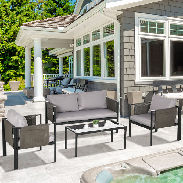 4 Piece Metal Garden Furniture Set with Tempered Glass Coffee Table, Texteline Pocket, Outdoor Set Loveseat Single Armchairs with Padded Cushions, Light Grey