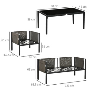4 Piece Metal Garden Furniture Set with Tempered Glass Coffee Table, Texteline Pocket, Outdoor Set Loveseat Single Armchairs with Padded Cushions, Light Grey