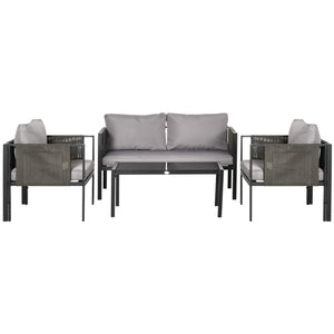4 Piece Metal Garden Furniture Set with Tempered Glass Coffee Table, Texteline Pocket, Outdoor Set Loveseat Single Armchairs with Padded Cushions, Light Grey
