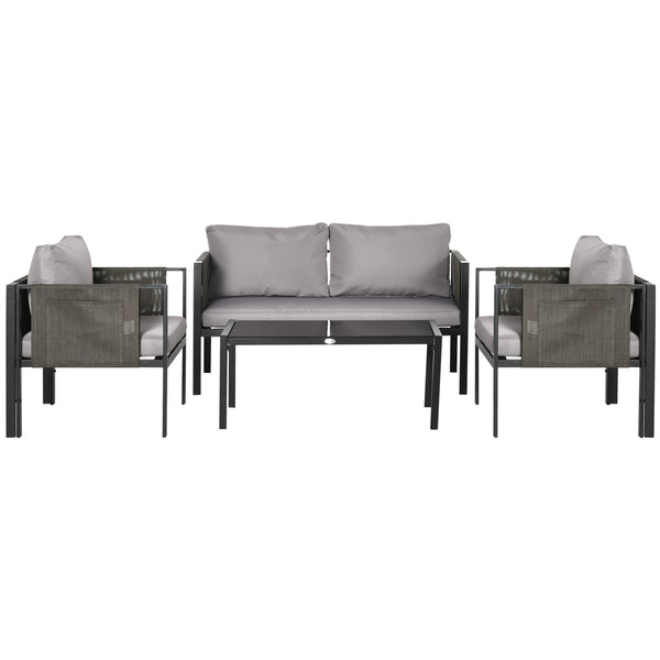 4 Piece Metal Garden Furniture Set with Tempered Glass Coffee Table, Texteline Pocket, Outdoor Set Loveseat Single Armchairs with Padded Cushions, Light Grey