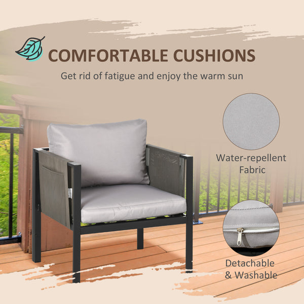 4 Piece Metal Garden Furniture Set with Tempered Glass Coffee Table, Texteline Pocket, Outdoor Set Loveseat Single Armchairs with Padded Cushions, Light Grey