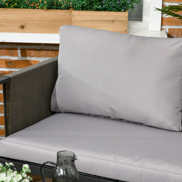 4 Piece Metal Garden Furniture Set with Tempered Glass Coffee Table, Texteline Pocket, Outdoor Set Loveseat Single Armchairs with Padded Cushions, Light Grey