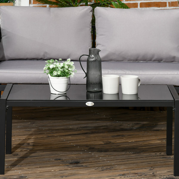 4 Piece Metal Garden Furniture Set with Tempered Glass Coffee Table, Texteline Pocket, Outdoor Set Loveseat Single Armchairs with Padded Cushions, Light Grey