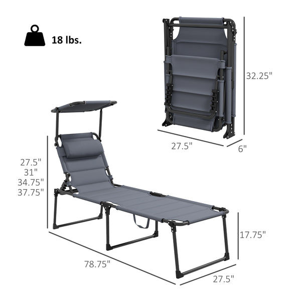 2 Pieces Outdoor Lounge Chair, Adjustable Backrest Folding Chaise Lounge, Cushioned Tanning Chair with Sunshade Roof & Pillow Headrest for Beach, Camping, Hiking, Gray