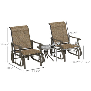 Outsunny 3-Piece Outdoor Gliders Set Bistro Set with Steel Frame, Tempered Glass Top Table for Patio, Garden, Backyard, Lawn, Light Mixed Brown