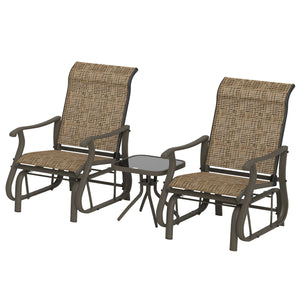 Outsunny 3-Piece Outdoor Gliders Set Bistro Set with Steel Frame, Tempered Glass Top Table for Patio, Garden, Backyard, Lawn, Light Mixed Brown