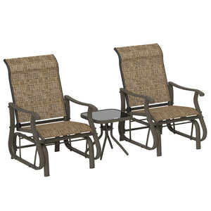 Outsunny 3-Piece Outdoor Gliders Set Bistro Set with Steel Frame, Tempered Glass Top Table for Patio, Garden, Backyard, Lawn, Light Mixed Brown