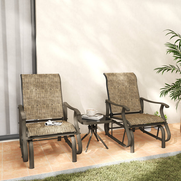 Outsunny 3-Piece Outdoor Gliders Set Bistro Set with Steel Frame, Tempered Glass Top Table for Patio, Garden, Backyard, Lawn, Light Mixed Brown