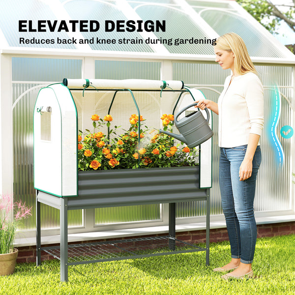Galvanised Raised Garden Bed with Greenhouse Cover, Metal Elevated Garden Bed with Legs, Bed Liner and Bottom Shelf, Outdoor Raised Planter Box for Vegetables, Herbs, Flowers, Dark Gray