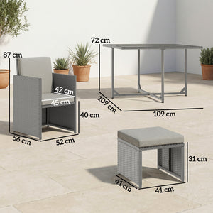 8 Seater Rattan Cube Garden Furniture Set, Space Saving Outdoor Dining Set with Cushions, Garden Table and Chairs with 4 Armchairs, 4 Footstools, Square Glass Top Table, Light Grey