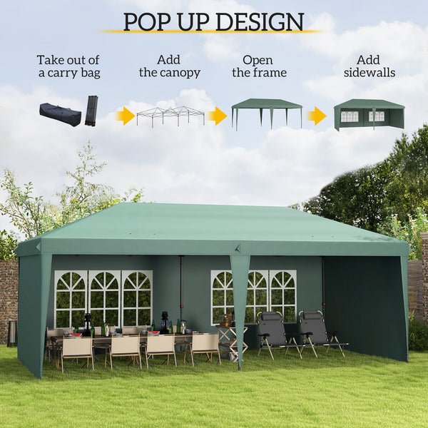 Outsunny 10' x 20' Pop Up Canopy Tent with 4 Sidewalls, Heavy Duty Tents for Parties, Outdoor Instant Gazebo with Carrying Bag for Garden, Patio, Green