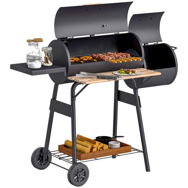 Charcoal Grill with Offset Smoker, 231 Sq.In. Cooking Area, Barrel BBQ Grill and Smoker Combo with Side Tables, Shelf, Thermometer, Wheels for Outdoor Patio Backyard Party Event Gathering