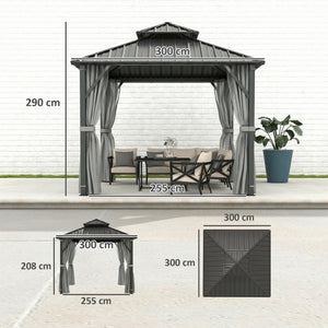 3 x 3(m) Hardtop Gazebo Canopy with Double Metal Roof, Waterproof Permanent Pavilion Garden Gazebo with Netting and Curtains, Easy to Assemble, Grey