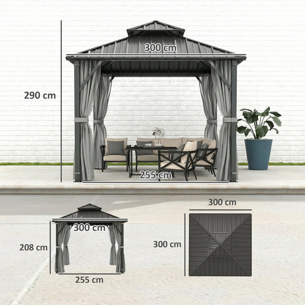 3 x 3(m) Hardtop Gazebo Canopy with Double Metal Roof, Waterproof Permanent Pavilion Garden Gazebo with Netting and Curtains, Easy to Assemble, Grey