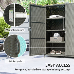 Wicker Outdoor Storage Cabinet with Shelves, 4-Shelf Pool Storage Organizer with Two Doors, Poly Rattan Outdoor Towel Rack for Pool, Garden, Backyard, Dark Grey